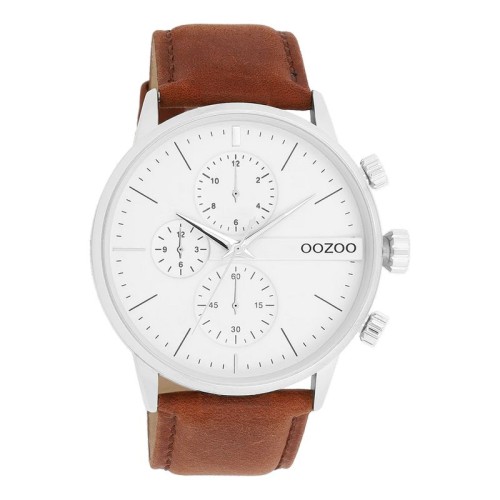 OOZOO Timepieces Ρολόι Μπαταρίας με Λευκό καντράν και Καφέ Δερμάτινο Λουράκι