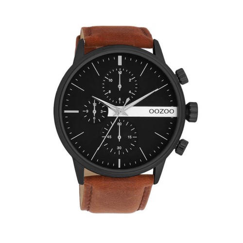 OOZOO Timepieces Ρολόι Μαύρο με Καφέ Δερμάτινο Λουράκι και Μαύρο Καντράν