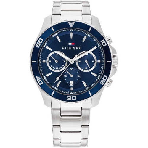 TOMMY HILFIGER Sport Dual Time Ρολόι Ασημί με Μεταλλικό Μπρασελέ και Μπλέ Καντράν