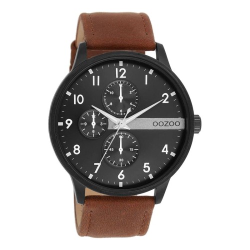 OOZOO Timepieces Ρολόι Μαύρο Με Καφέ Δερμάτινο Λουρί