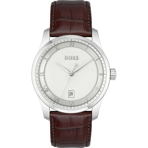 HUGO BOSS Principle Ρολόι Ασημί με Καφέ Δερμάτινο Λουράκι και Λευκό Καντράν