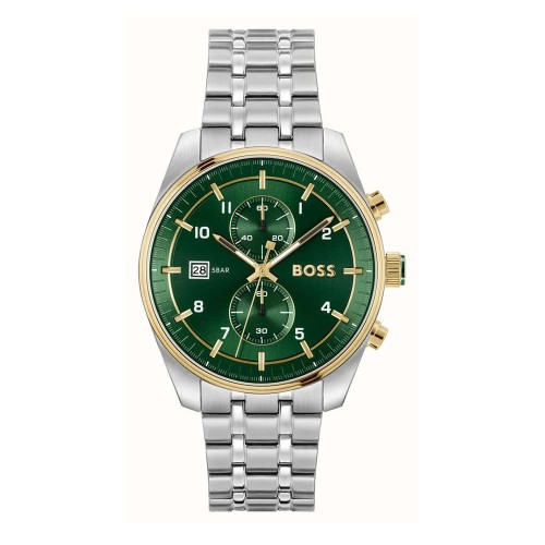 HUGO BOSS Skytraveller Ρολόι Χρονογράφος Ασημί με Μεταλλικό Μπρασελέ και Πράσινο Καντράν