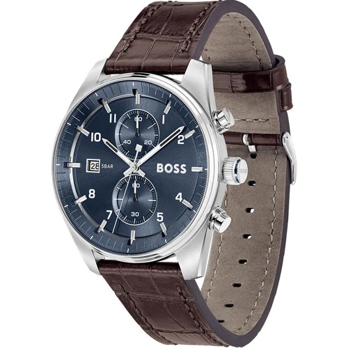 HUGO BOSS Skytraveler Ρολόι Ασημί με Καφέ Δερμάτινο Λουράκι και Μπλέ Καντράν