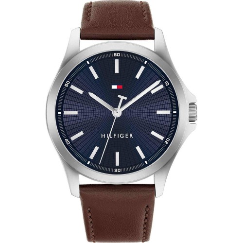 TOMMY HILFIGER Sport Ρολόι Ασημί με Καφέ Δερμάτινο Λουράκι και Μπλε Καντράν