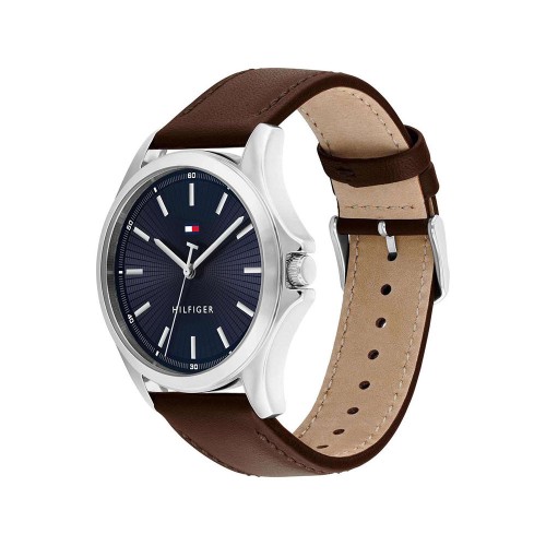 TOMMY HILFIGER Sport Ρολόι Ασημί με Καφέ Δερμάτινο Λουράκι και Μπλε Καντράν