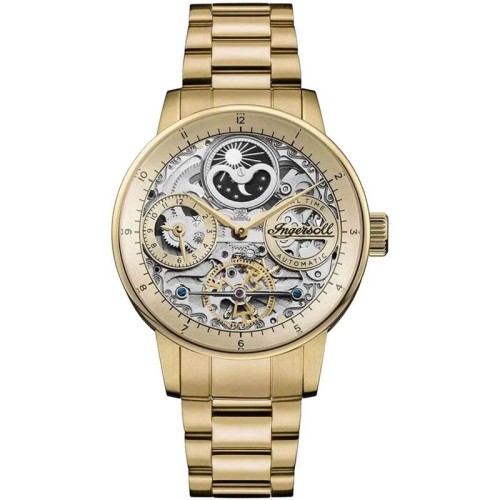INGERSOLL Jazz Automatic Dual Time Ρολόι Χρυσό με Μεταλλικό Μπρασελέ και Ασημί και Χρυσό Skeleton Καντράν