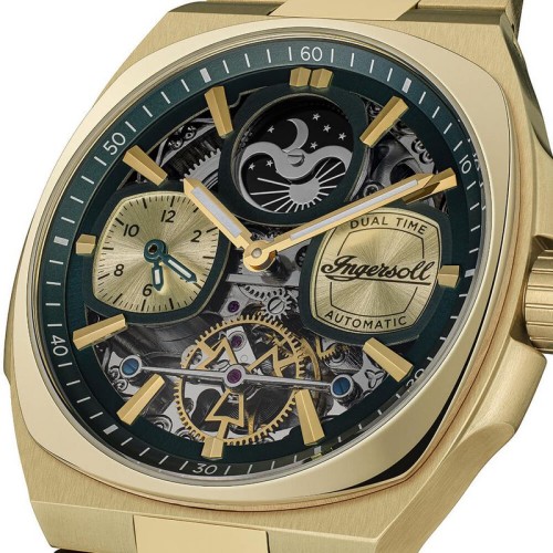 INGERSOLL Spirit Ρολόι Χρυσό με Μεταλλικό Μπρασελέ και Πράσινο Skeleton Καντράν