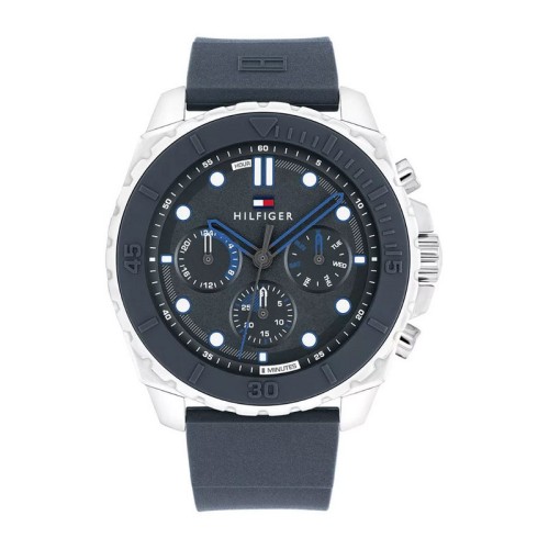 TOMMY HILFIGER Multifunction Ρολόι Ασημί με Μαύρο Λουράκι από Καουτσούκ και Μαύρο Καντράν