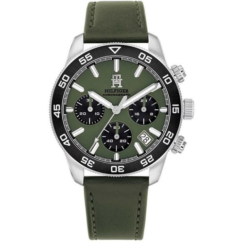TOMMY HILFIGER Troy Ρολόι Ασημί με Πράσινο Δερμάτινο Λουράκι και Πράσινο Καντράν
