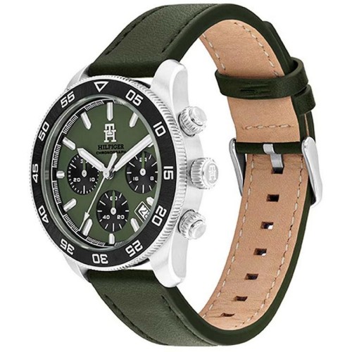 TOMMY HILFIGER Troy Ρολόι Ασημί με Πράσινο Δερμάτινο Λουράκι και Πράσινο Καντράν