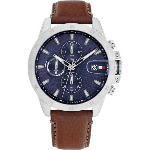 TOMMY HILFIGER Chronograph Ρολόι Ασημί με Καφέ Δερμάτινο Λουράκι και Μπλε Καντράν