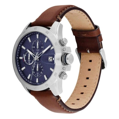 TOMMY HILFIGER Chronograph Ρολόι Ασημί με Καφέ Δερμάτινο Λουράκι και Μπλε Καντράν