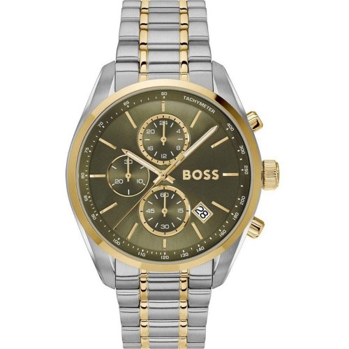 HUGO BOSS Ρολόι Ασημί και Χρυσό με Μεταλλικό Μπρασελέ και Πράσινο Καντράν