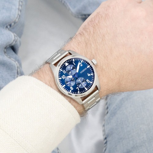 OOZOO Timepieces Ρολόι Ασημί με Μεταλλικό Μπρασελέ και Μπλε Καντράν