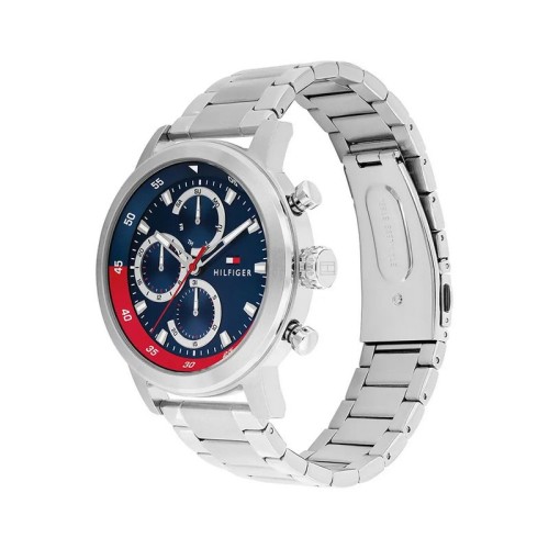 TOMMY HILFIGER Ρολόι Ασημί με Μεταλλικό Μπρασελέ και Μπλέ και Κόκκινο Καντράν