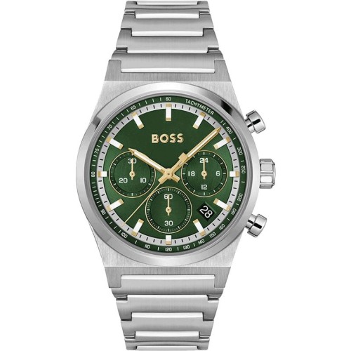 HUGO BOSS Candor Ρολόι Ασημί με Μεταλλικό Μπρασελέ και Πράσινο Καντράν