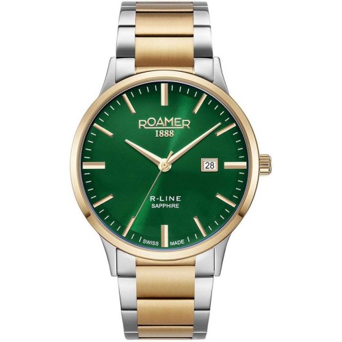 ROAMER R-Line Ρολόι Ασημί και Χρυσό με Μεταλλικό Μπρασελέ και Πράσινο Καντράν