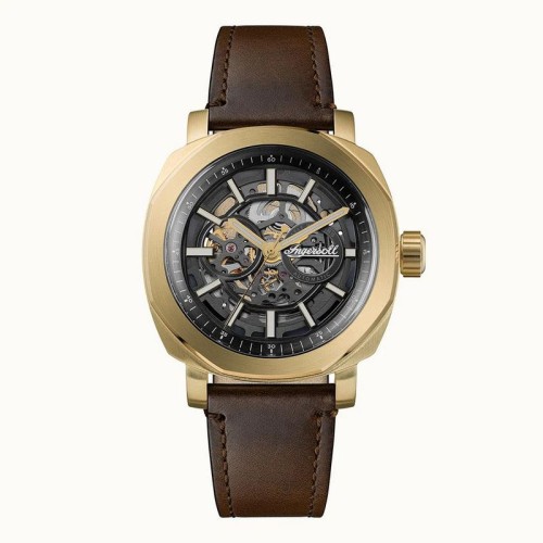 INGERSOLL Outrider Gents Automatic Ρολόι Χρυσό με Καφέ Δερμάτινο Λουράκι και Μαύρο Skeleton Καντράν