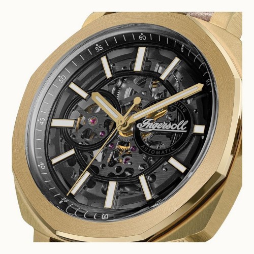 INGERSOLL Outrider Gents Automatic Ρολόι Χρυσό με Καφέ Δερμάτινο Λουράκι και Μαύρο Skeleton Καντράν