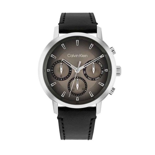 CALVIN KLEIN Iconic Gauge Ρολόι Ασημί με Μαύρο Δερμάτινο Λουράκι και Καφέ Καντράν