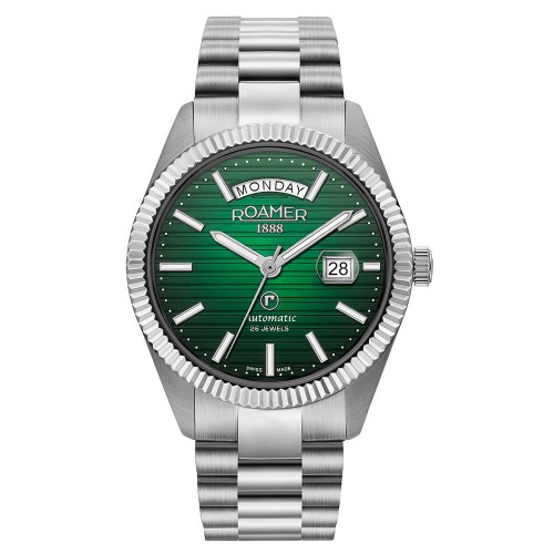 ROAMER Primeline Daydate II Ρολόι Ασημί με Μεταλλικό Μπρασελέ και Πράσινο Καντράν