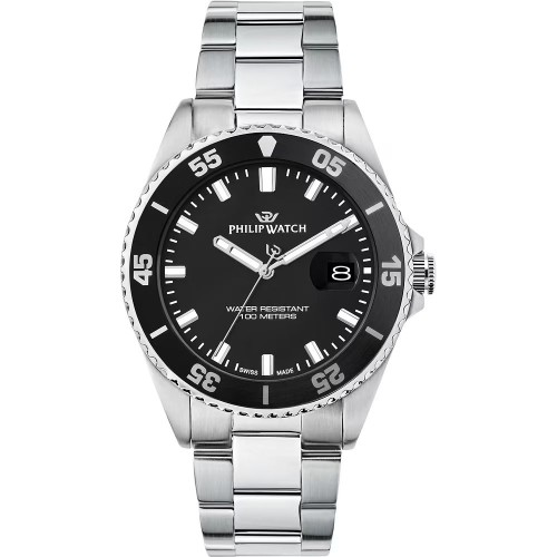 PHILIP WATCH Caribe Sport Ρολόι Ασημί με Μεταλλικό Μπρασελέ και Μαύρο Καντράν