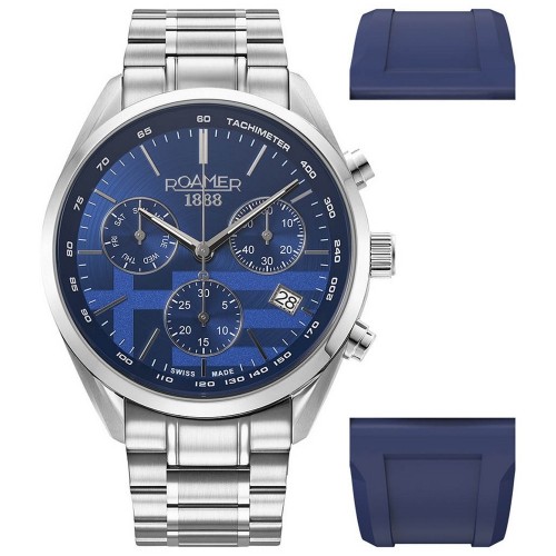 ROAMER Pro Chrono Greek Limited Edition Box Set Ρολόι Ασημί με Μεταλλικό Μπρασελέ και Μπλε Καντράν