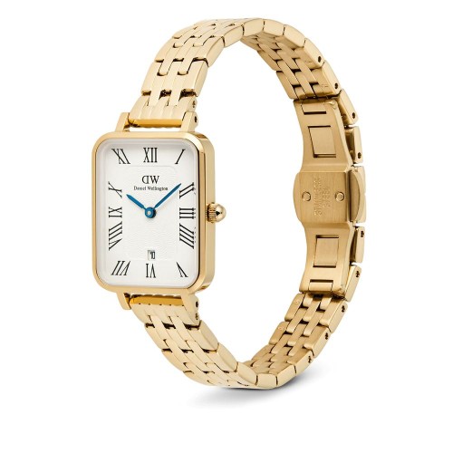 DANIEL WELLINGTON Quadro Roman Numerals Date 5-link Ρολόι Χρυσό με Μεταλλικό Μπρασελέ και Λευκό Καντράν